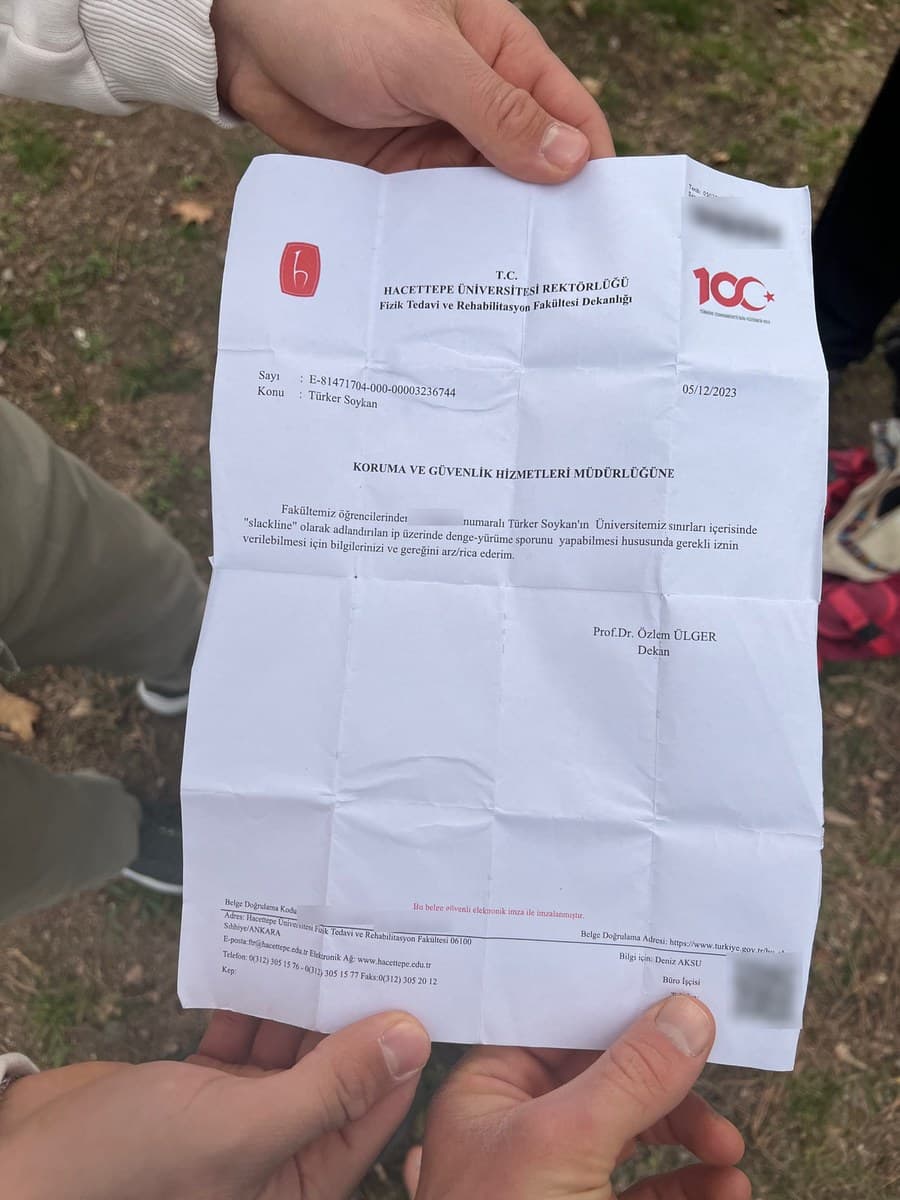 Hacettepe Üniversitesi Fizik Tedavi ve Rehabilitasyon Fakültesi Dekanlığının slackline izni için yazdığı resmî yazı